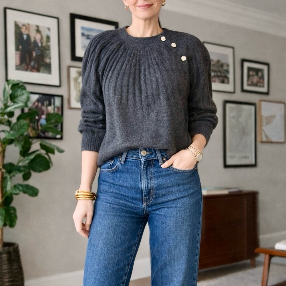LOFT Ribbed Crewneck Sweater Shoulder Button Detail‎ Gray Medium